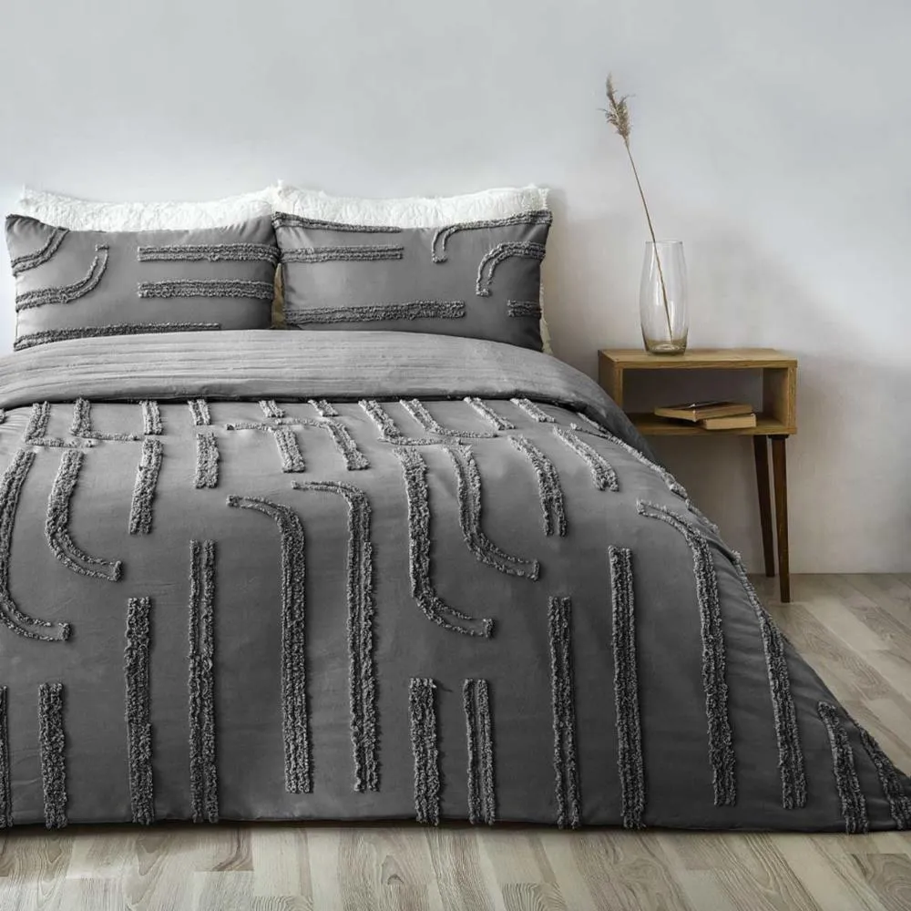 Evlen Home Collection Pamuklu Sasha Kabartmalı Yatak Örtüsü Takımı Günlük Çift Kişilik Boho 3 Parça Elyaf Dolgulu Antrasit