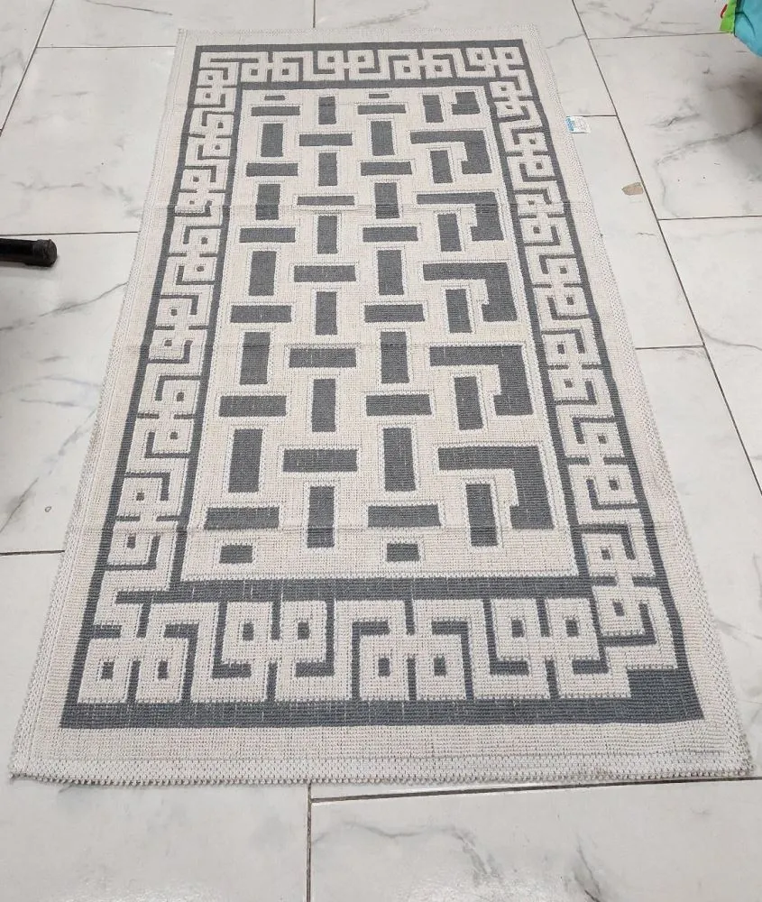 Pamuklu Bukle Lüks Kilim (80x150)-Labirent Kreme Gri