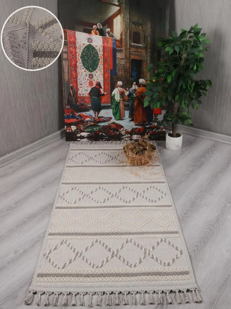 My Evilla Pamuk Dokuma Kilim Saçaklı Gri 7014B