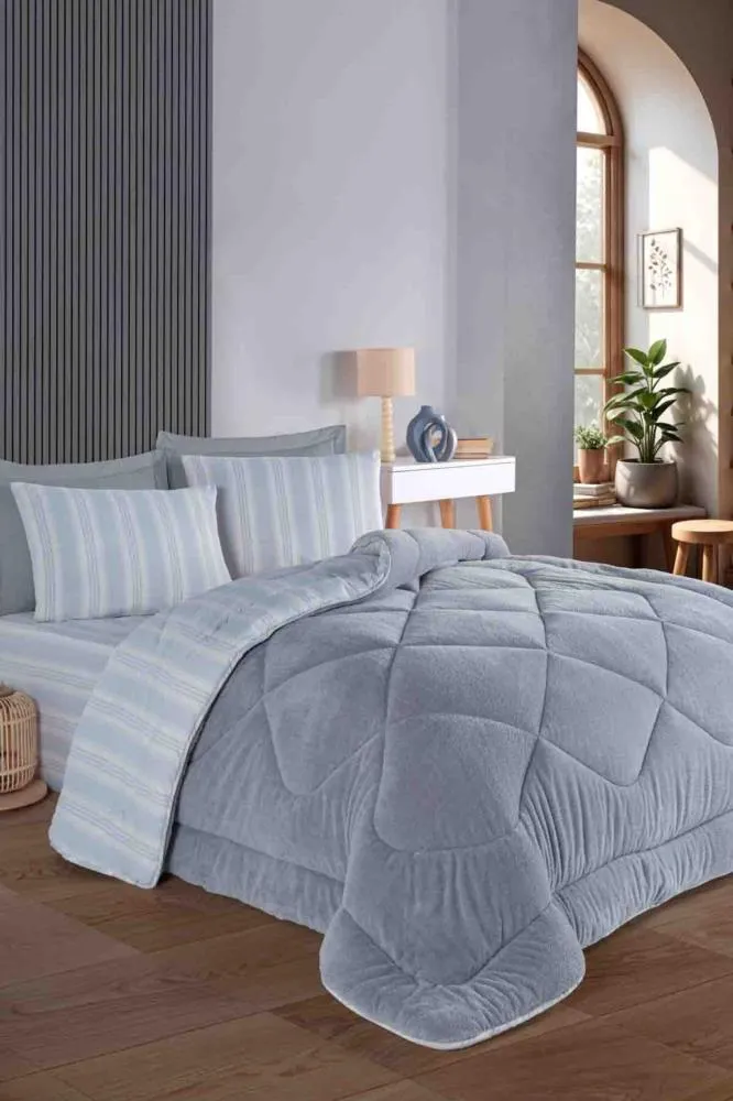 Ceyizza Uyku Seti Welsoft Yorganlı Pofuduk 3 Parça Tek Kişilik Soft Line Gri