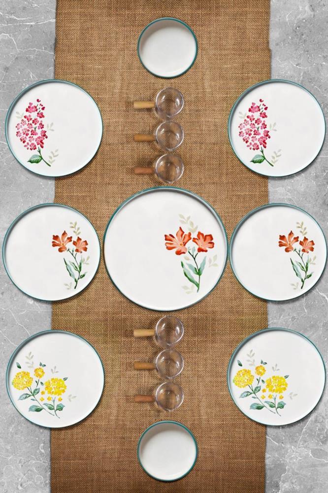 Kitchen Life 15 Parça 6 Kişilik Flowers Stackable Kahvaltı Takımı Sosluklu Çiçekli Kahvaltılık Sunum Seti Tabağı