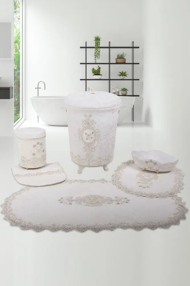 Bonny Home Lisa Krem 6 Prç Çeyizlik Banyo Kirli Çamaşır Sepeti Seti & Banyo Paspası Seti