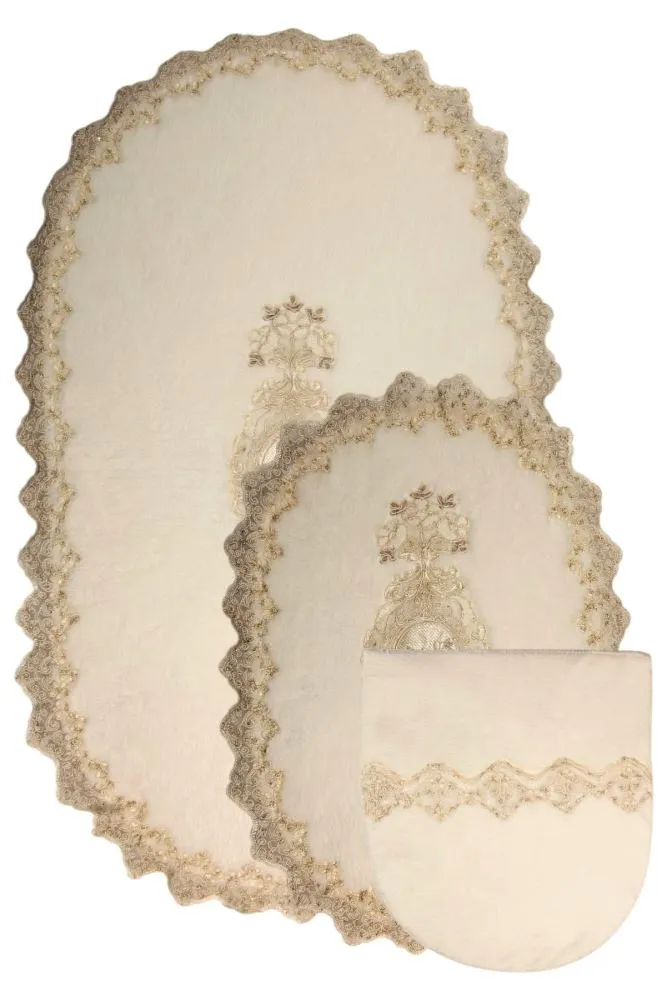 Bonny Home Lisa Krem 3lü Dantelli Klozet Takımı Çeyizlik Banyo Halısı Paspası Seti
