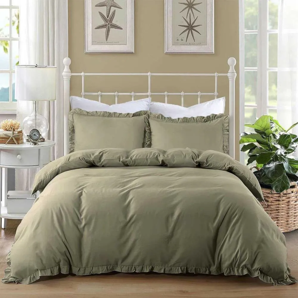 Evlen Home Collection Pamuklu Taş Yıkama Fırfırlı Nevresim Takımı Çift Kişilik 4 Parça Barella Yumuşak Nevresim Seti Yeşil