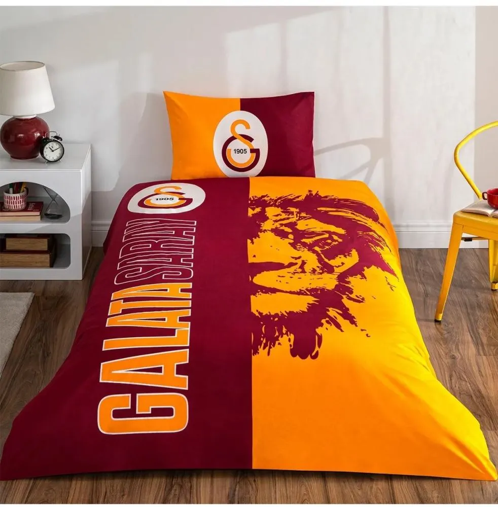 Taç Taraftar Lisanslı Ranforce (Gece Işıldayan) Çarşafı Lastikli Tek Kişilik Nevresim Takımı-Galatasaray Şanlı Aslan