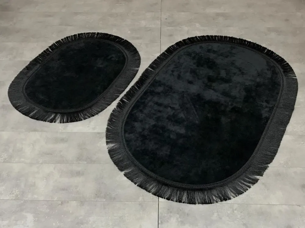 Bonny Home Pera Siyah 2'li Banyo Paspası Seti Kaymaz Tabanlı Saçaklı Püsküllü Klozet Takımı