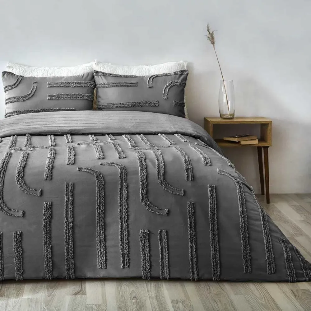 Evlen Home Collection Pamuklu Sasha Kabartmalı Yatak Örtüsü Takımı Tek Kişilik Günlük Boho 2 Parça Elyaf Dolgulu Antrasit