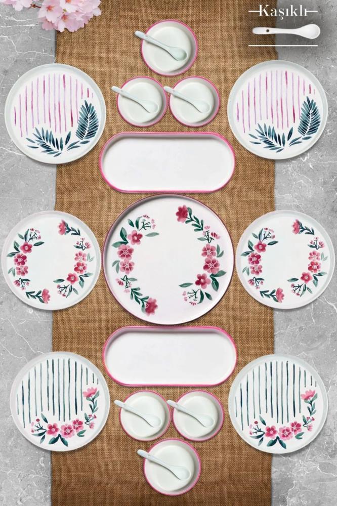 Kitchen Life 21 Parça 6 Kişilik Sakura Stackable Kahvaltı Takımı Kaşıklı Kahvaltılık Sunum Seti Tabağı